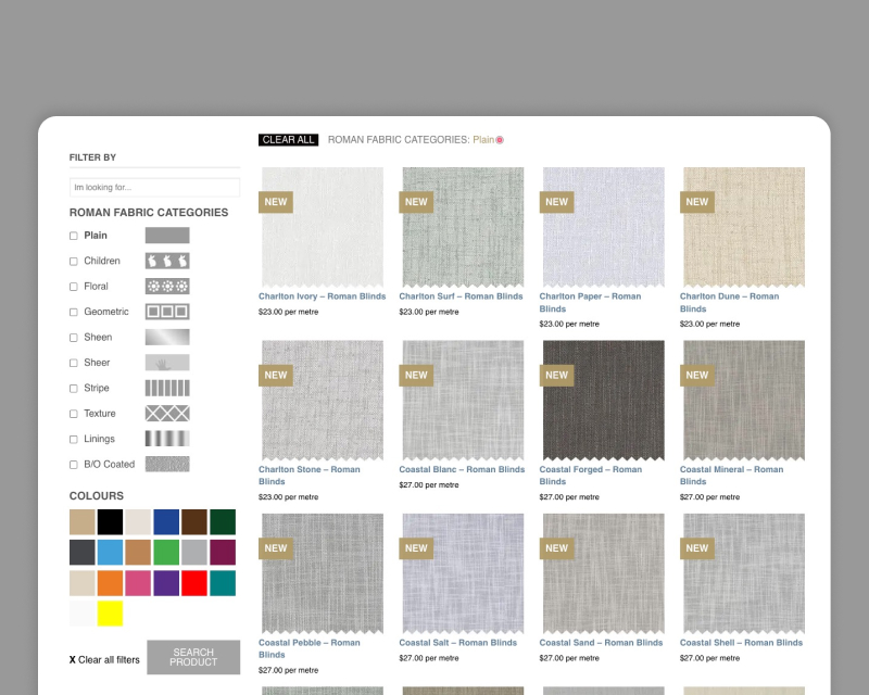 Roman Blinds Direct product listing page desktop web design
