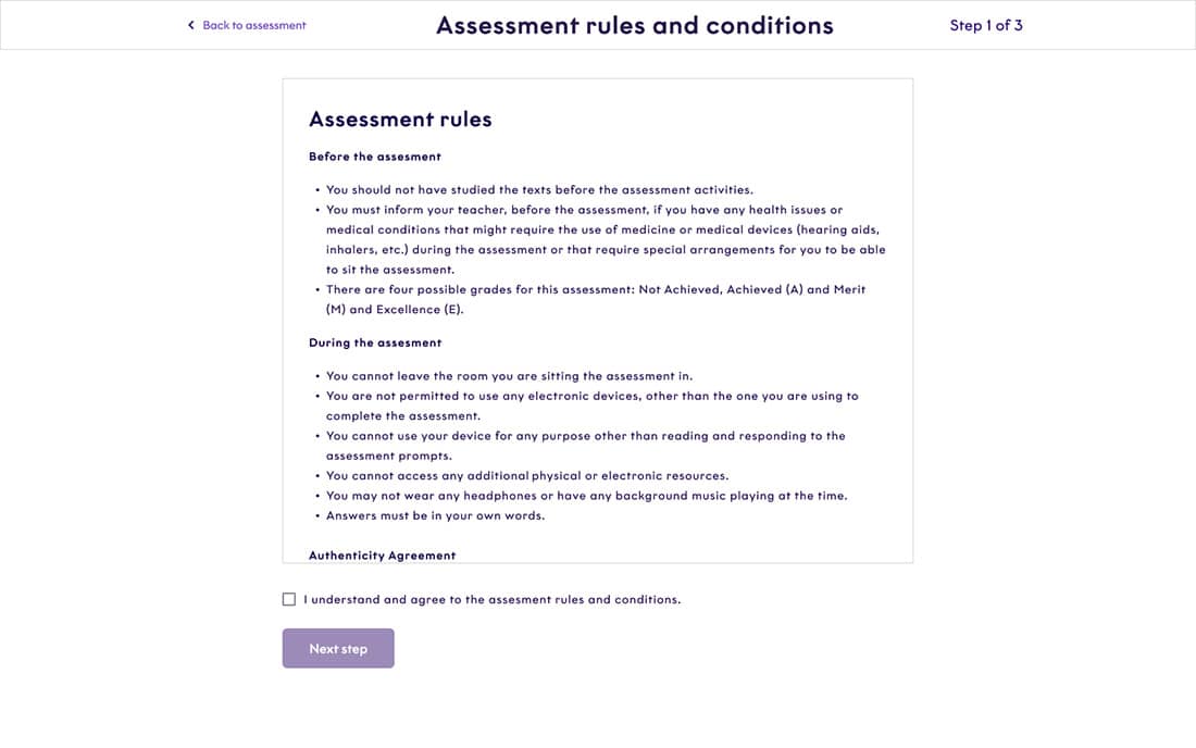 NCEA assessment rules ui design