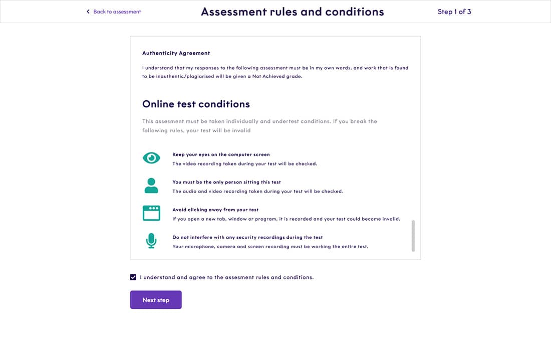 NCEA assessment test conditions ui design