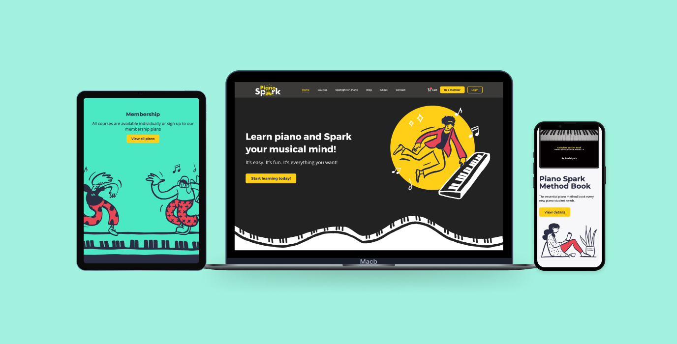 Piano Spark desktop, tablet, and mobile screenshot website design