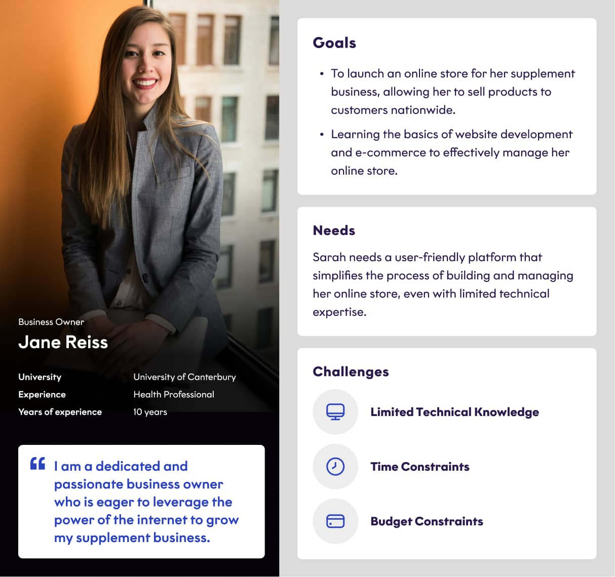 Business owner Jane persona for the online store